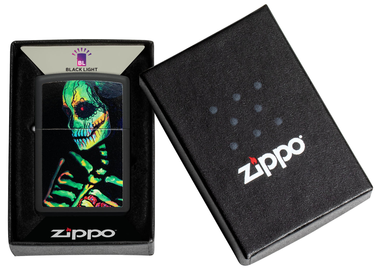 Zippo Skeleton Lady Black Light Design, Black Matte Lighter #48761