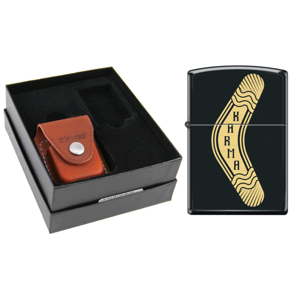 Zippo Karma Boomerang Black Matte & Leather Pouch Gift Box Set