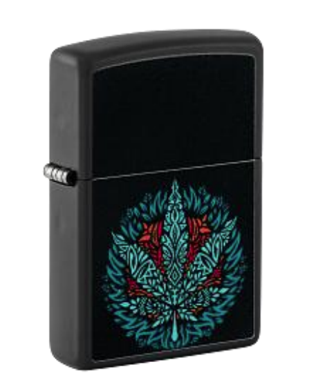 Zippo Cannabis Mandala Leaf Design, Black Light Black Matte Lighter #48535