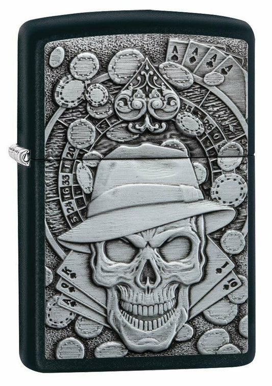 Zippo Gambling Skull Casino Roulette Emblem, Black Matte Lighter #49183