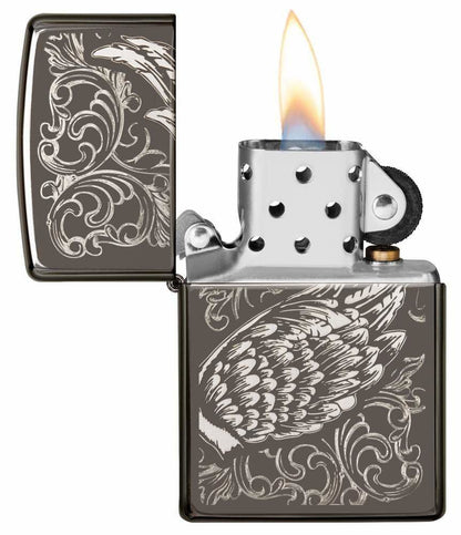 Zippo Flame and Wing Filigree, Laser Engraved Design, Windproof Lighter #29881