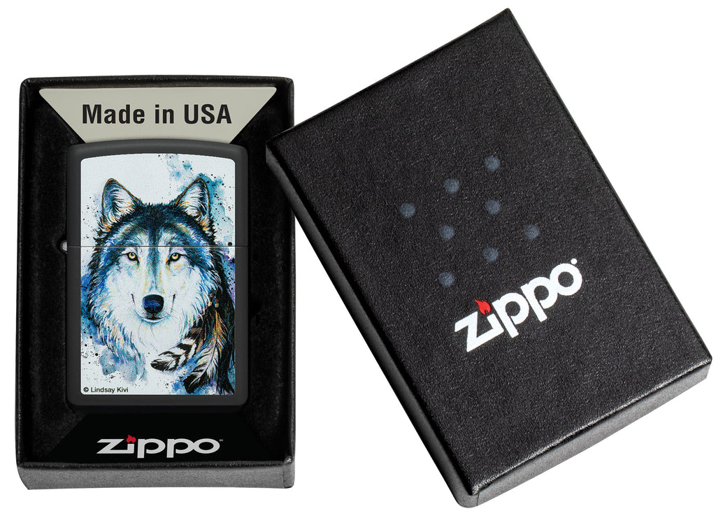 Zippo Lindsay Kivi Feed The Good Wolf, Black Matte Lighter #48936