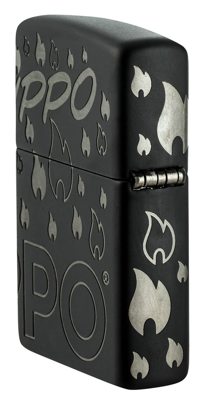 Zippo Flame Icon and Logo, Black Matte Laser 360 Lighter #48908