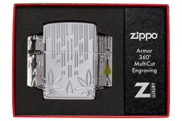 Zipoo Waxy Leaf Design High Polish Chrome Armor Lighter #46303