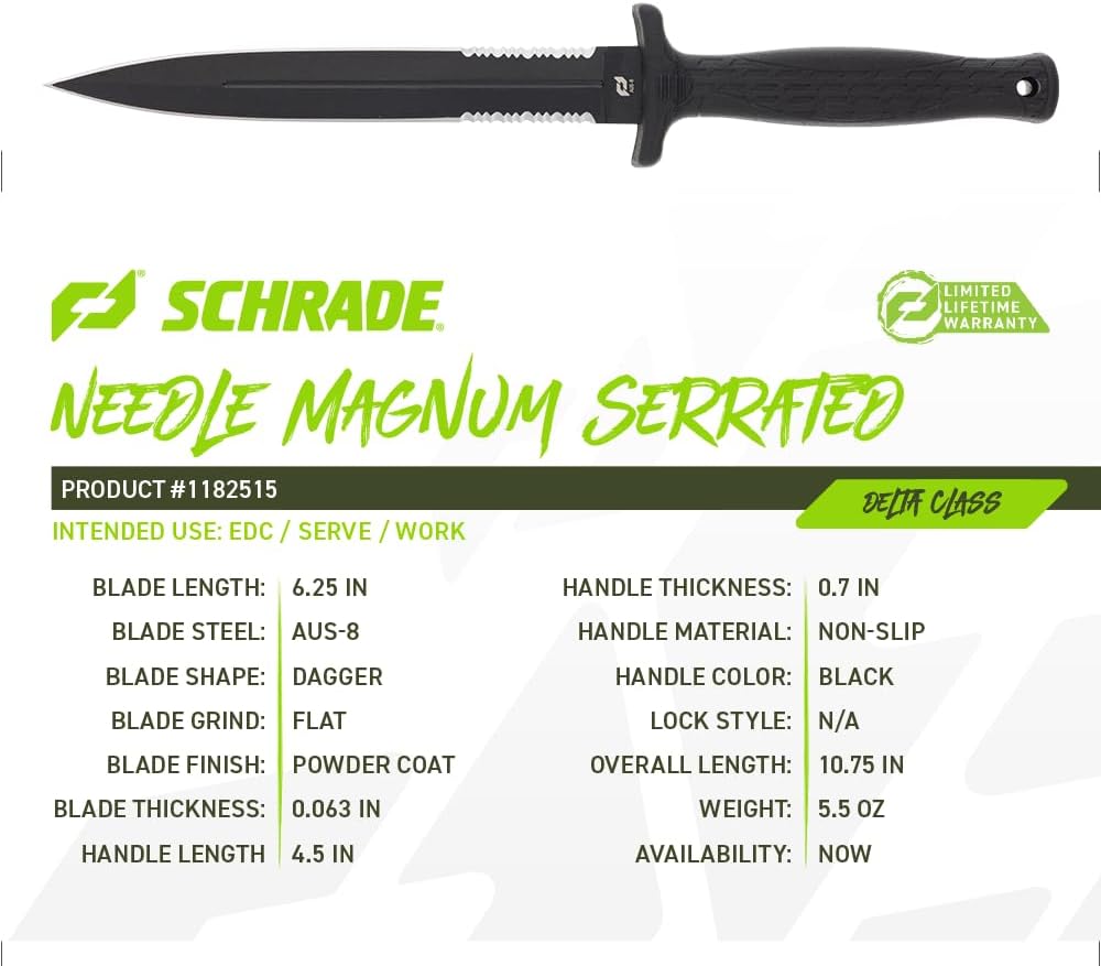 Schrade Needle Magnum Serrated Fixed Blade, Trap Blister #1182515