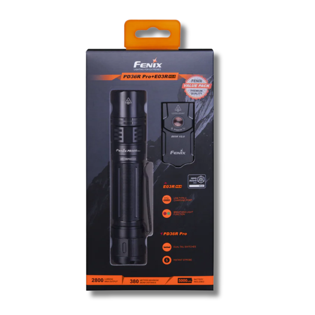Fenix PD36R PRO 2800 Lumen USB-C Flashlight + E03R V2.0 Keychain Light Kit #PD36RPRO-HOL