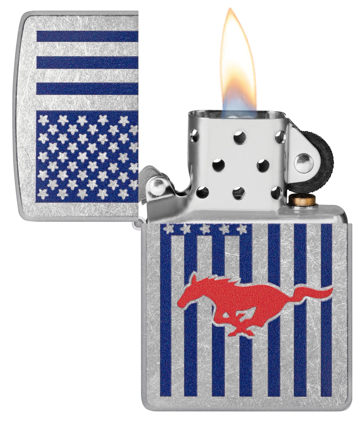 Zippo Ford Mustang Automobile Logo on USA Flag, Street Chrome Lighter #48754