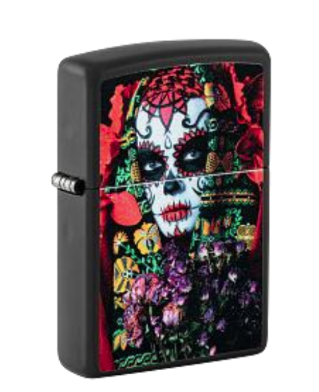 Zippo Day of the Dead Woman Design, Black Light Black Matte Lighter #48652