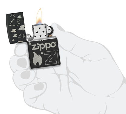 Zippo Flame Icon and Logo, Black Matte Laser 360 Lighter #48908