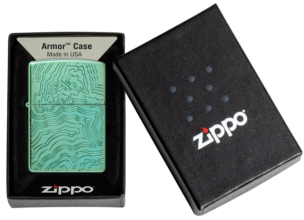 Zippo Map Design, High Polish Green Armor Lighter #48917