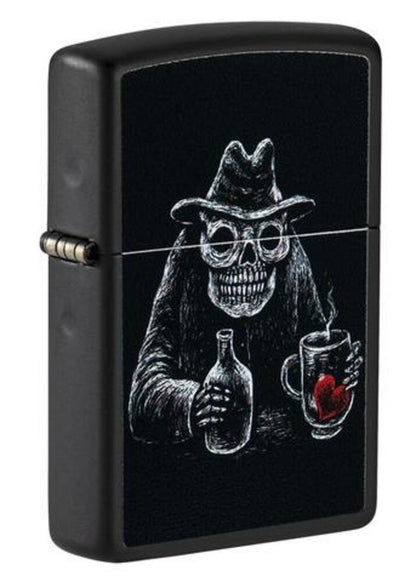 Zippo Skeleton Drinking At Bar Design, Black Matte, Windproof Lighter #49254