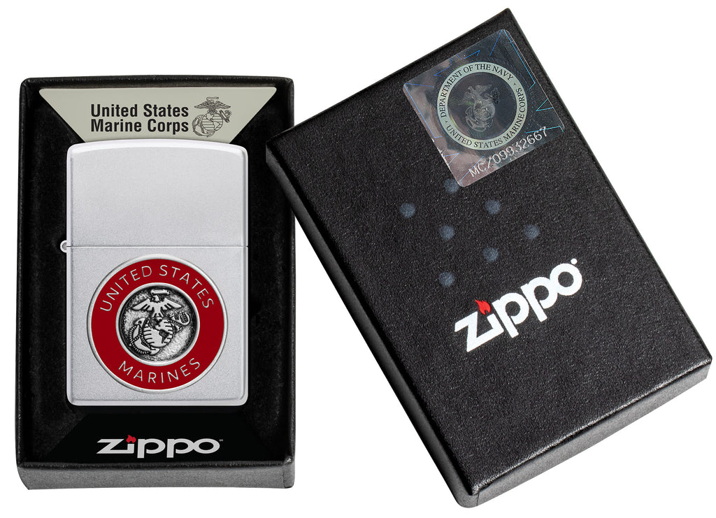 Zippo USMC Satin Chrome Lighter & Brown Leather Pouch Gift Box Set