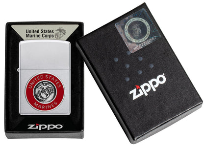 Zippo USMC Satin Chrome Lighter & Brown Leather Pouch Gift Box Set