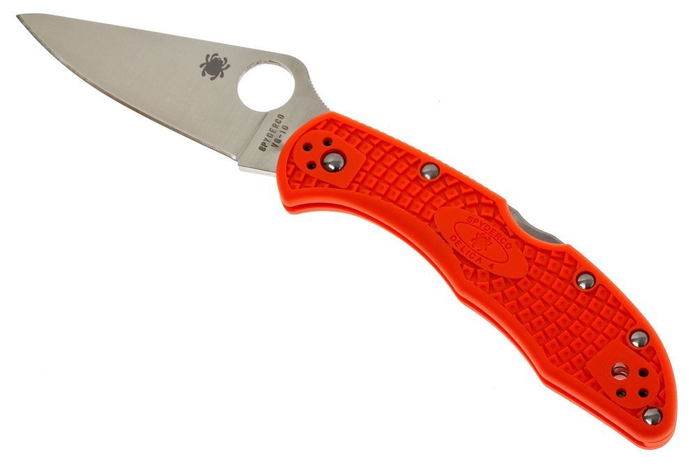 Spyderco Delica Knife, Flat Ground Blade, Orange VG-10 FRN Handle #C11FPOR