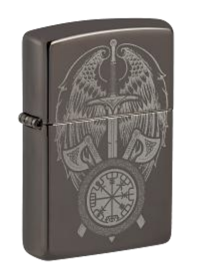 Zippo Viking Compass and Winged Sword Design, Black Ice Lighter #48069