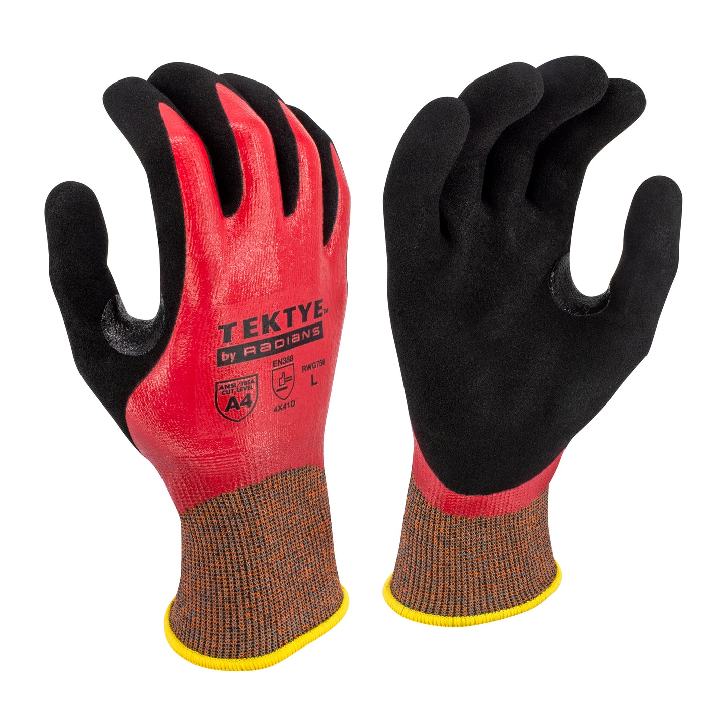 Radians TEKTYE A4 Reinforced Thumb Nitrile Dip Cut Protective Work Glove, Size L #RWG756L