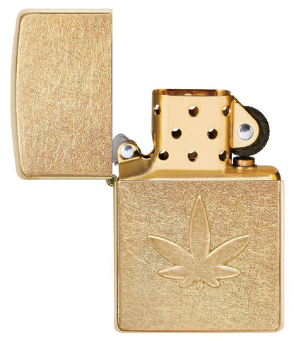 Zippo Cannabis Leaf Design, Stamped, Tumbled Brass Finish Lighter #49569