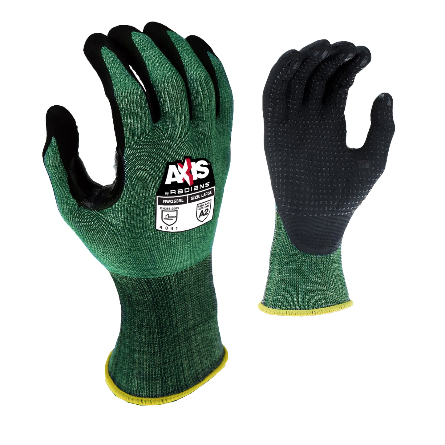 Radians AXIS A2 Foam Nitrile Dotted Coated Cut Protection Glove, Size L, Pack of 12 Pairs #RWG538L