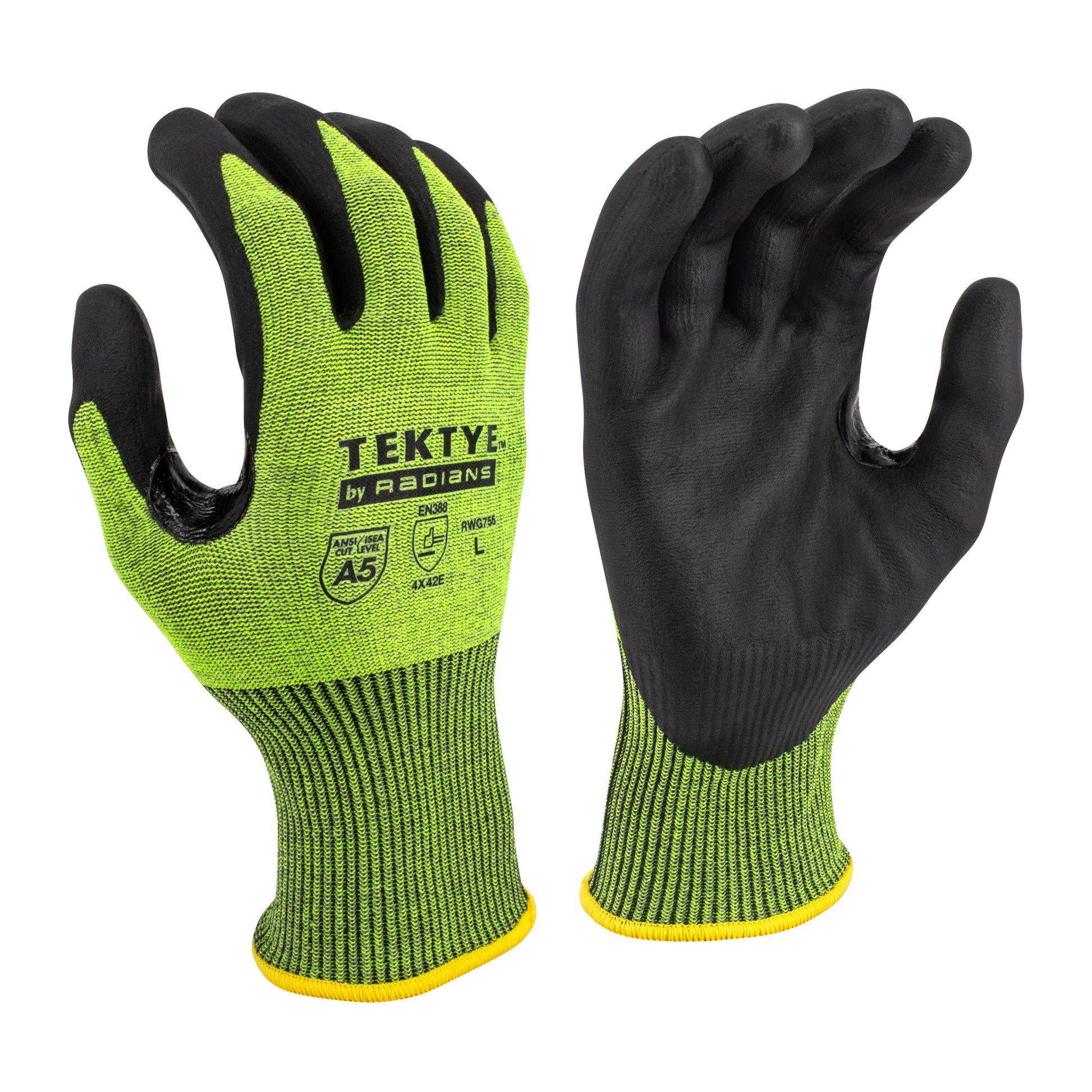 Radians TEKTYE A5 Reinforce Thumb Green Nitrile Dip Cut Protective Work Glove, Size XS #RWG755XS