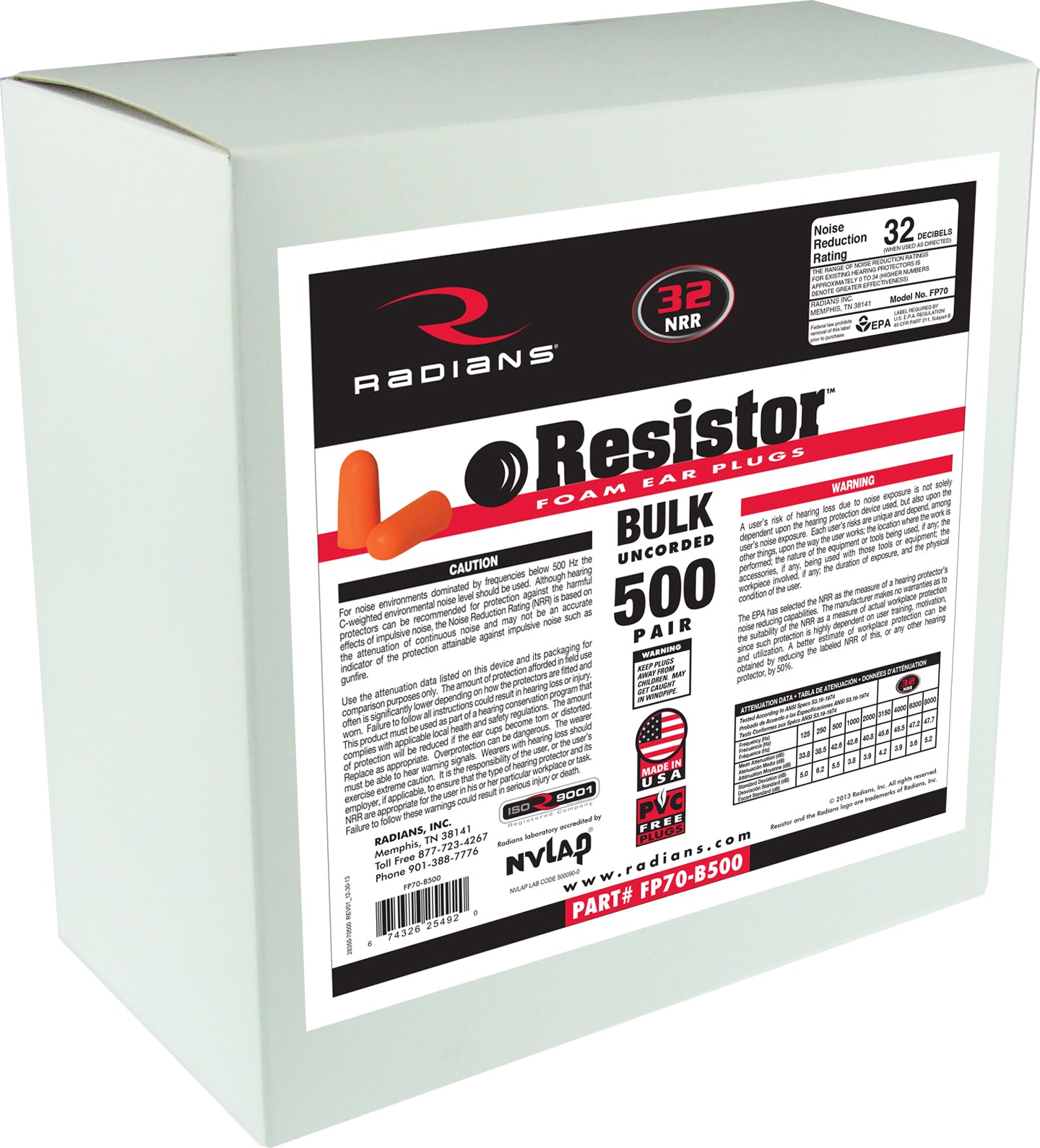 Radians Resistor 32 Foam Uncorded Earplug Dispenser Refill, 250 Pair #FP70-B250