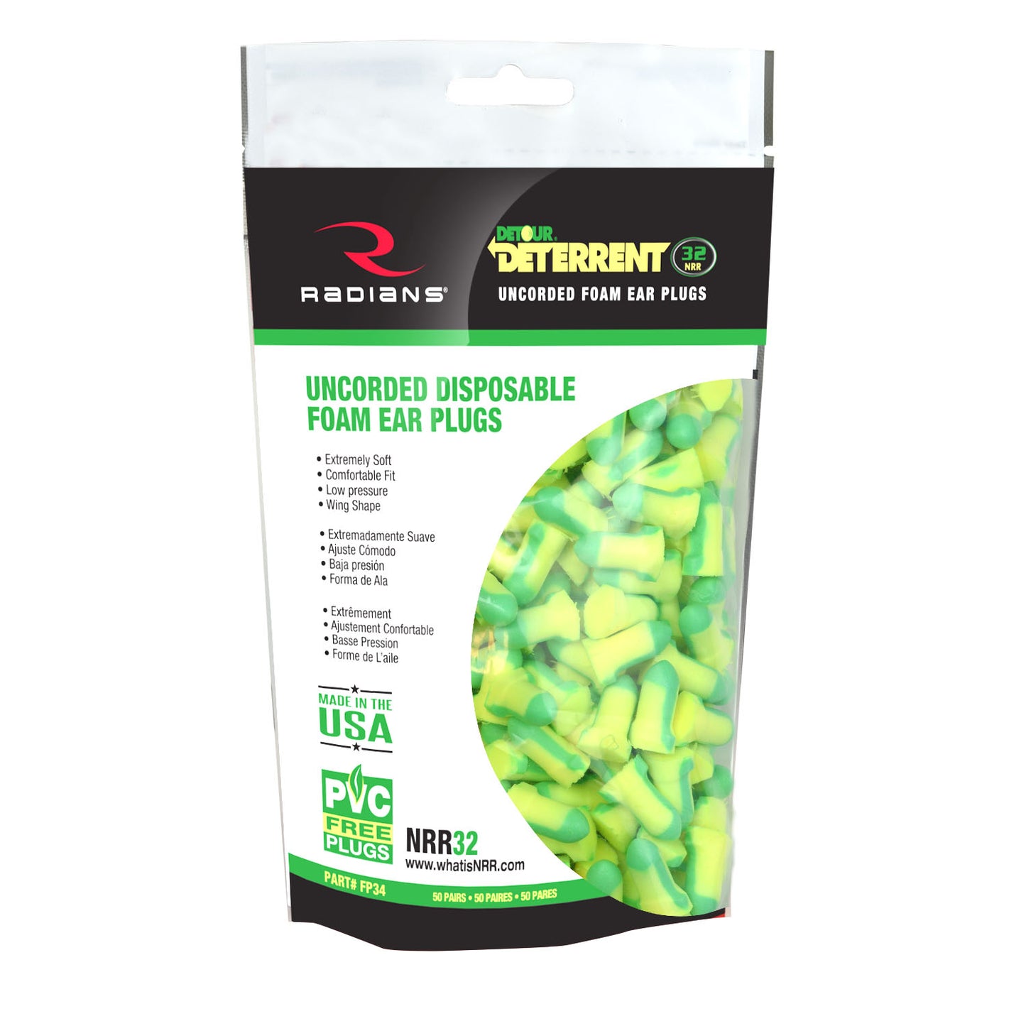 Radians Deterrent 32 Disposable Foam Earplugs, Uncorded, 50 Pair Bag #FP34BG50