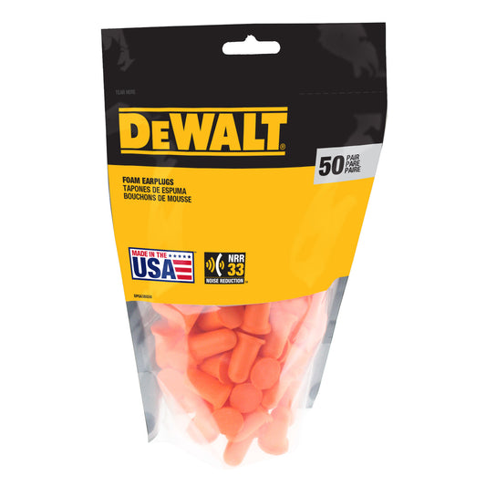DeWalt Orange Bell NRR33 Foam Earplugs, Uncorded, 50 Pair Resealable Bag #DPG63BG50