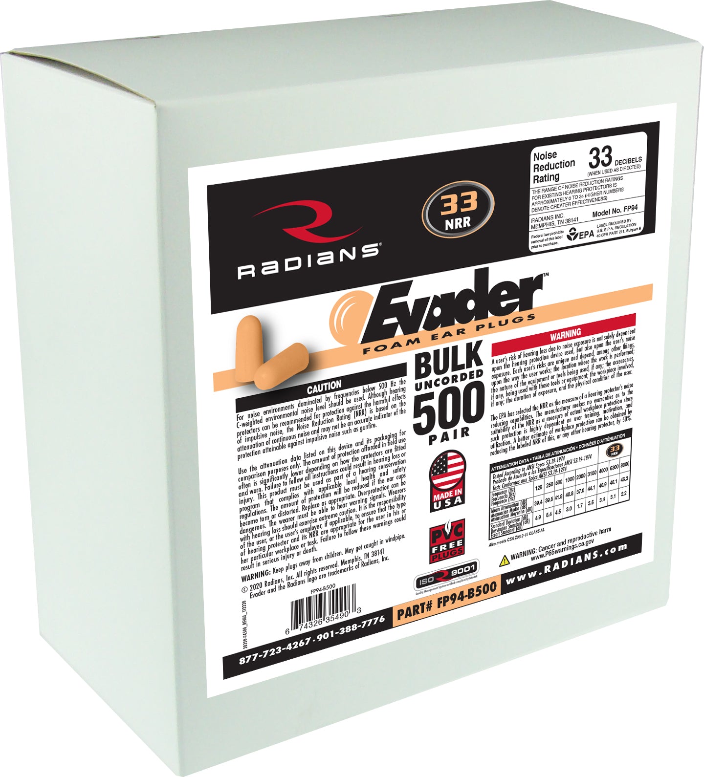 Radians EVADER Foam Uncorded Earplug Dispenser Refill, 500 Pair #FP94-B500