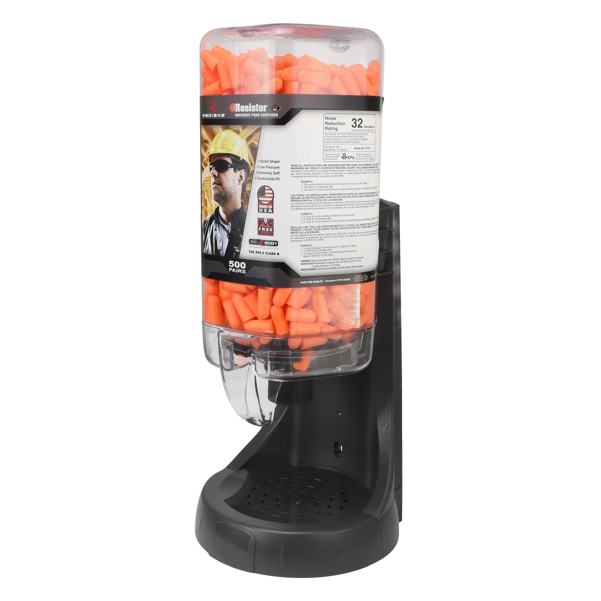 Radians Refillable Dispenser with Deviator FP80 Plugs, 500 Pair #FPD-500L80