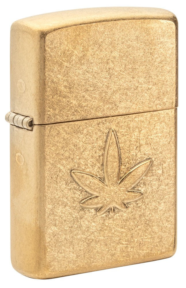 Zippo Cannabis Leaf Design, Stamped, Tumbled Brass Finish Lighter #49569