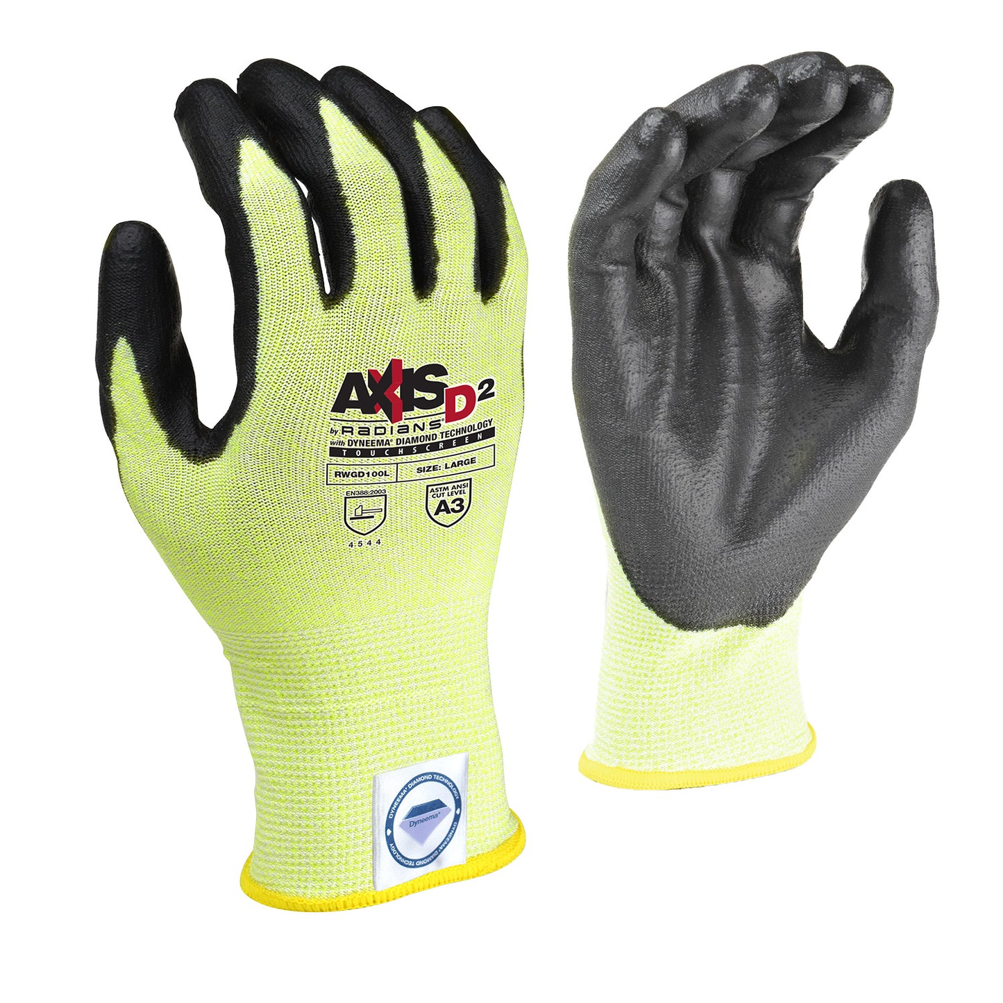 Radians AXIS D2 Dyneema Cut Protection Level A4 Touchscreen Glove, Size L #RWGD100L