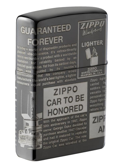 Zippo Newsprint Design, 360° Laser Engraved Black Ice Finish Lighter #49049