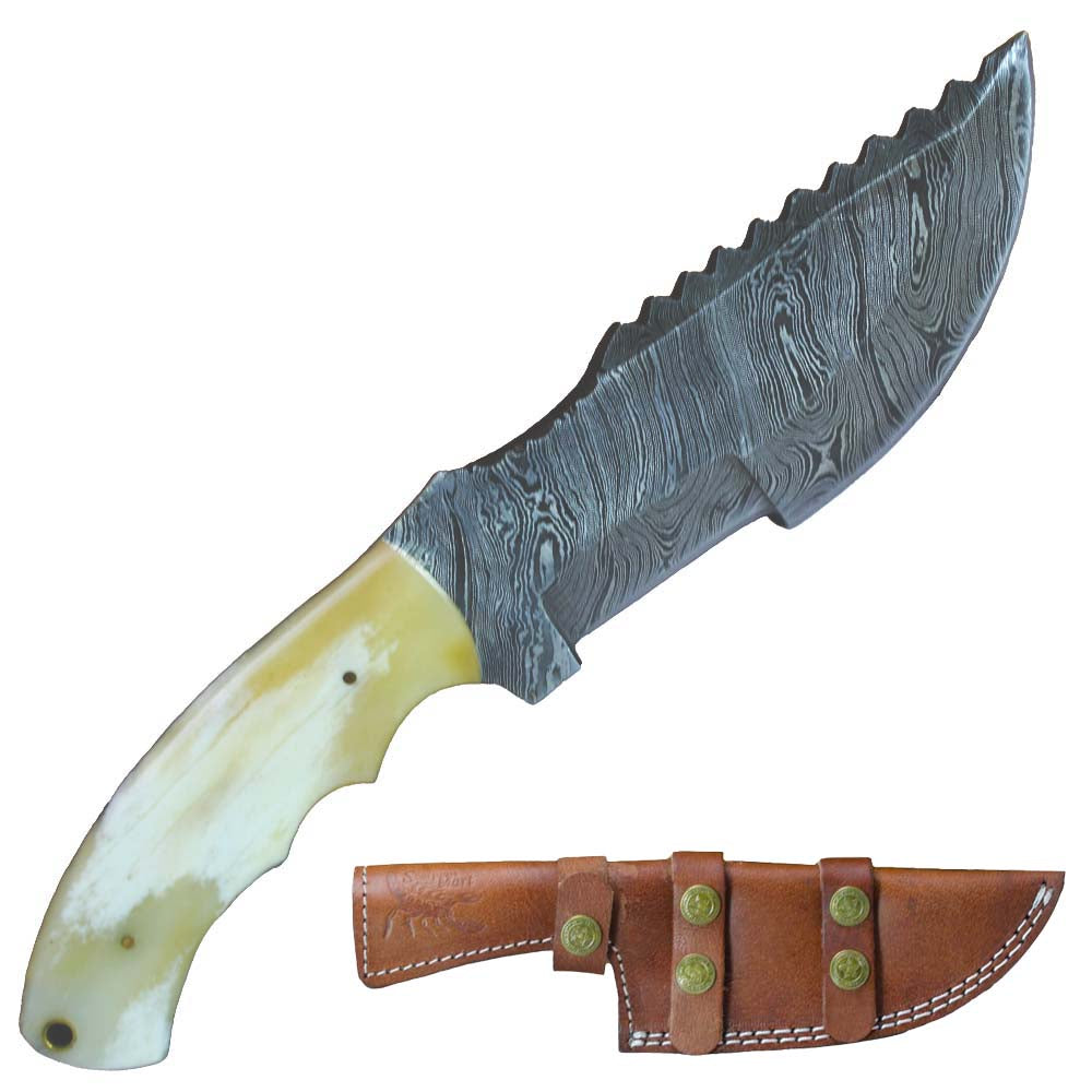 Scorpion Mart Handmade Damascus Steel Knife Camel Bone Handle + Sheath #KNIFE27