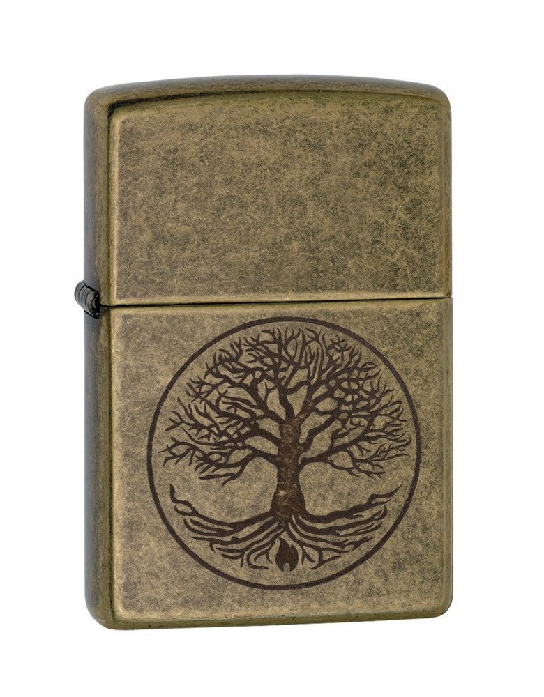 Zippo Tree of Life Lighter, Antique Brass Zippo Flame #29149