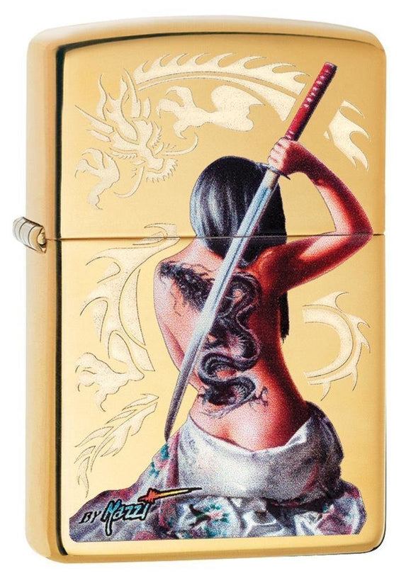 Zippo Mazzi Girl With Dragon Tattoo Samurai Lighter, High Polish Brass #29668