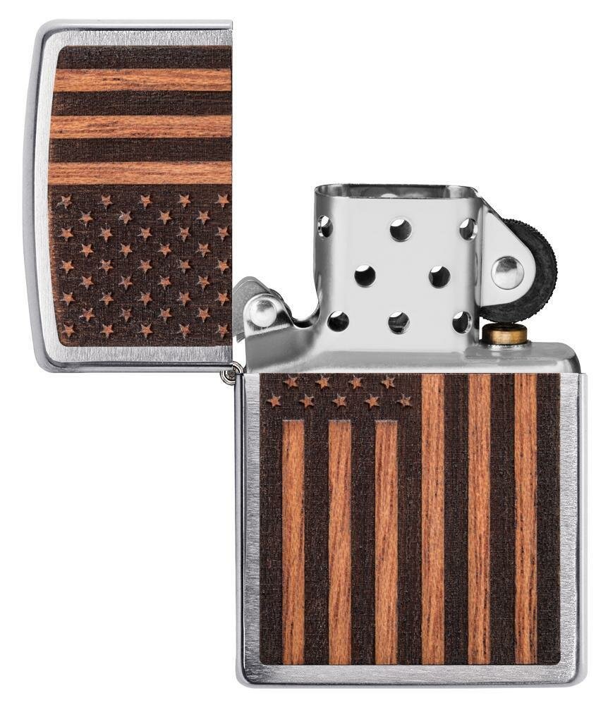 Zippo WOODCHUCK American Flag, Real Wood, Street Chrome Windproof Lighter #29966