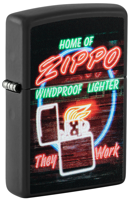 Zippo Neon Sign Design, Black Matte Lighter #48455