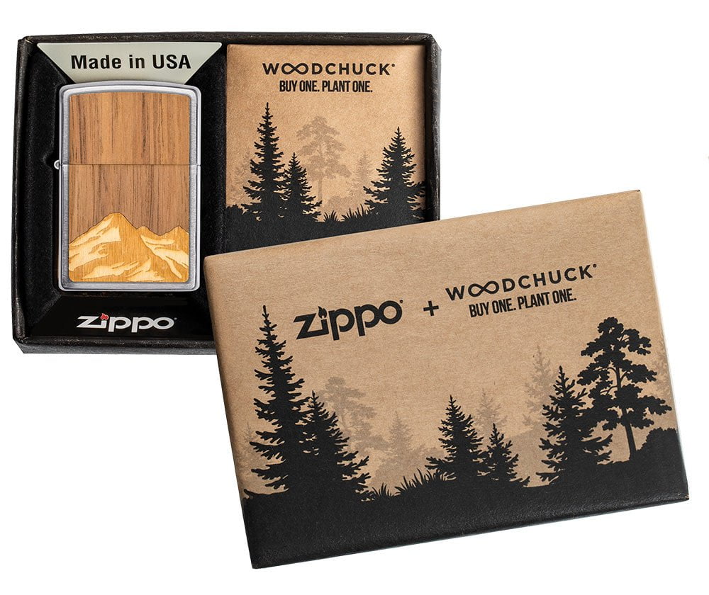 Zippo WOODCHUCK Mountain, Walnut with Maple Inlay Brushed Chrome Lighter #49800