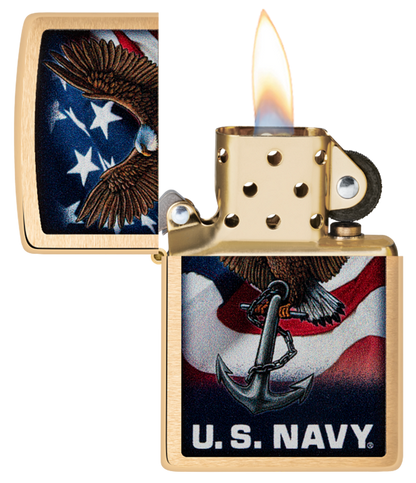 Zippo USA Navy Eagle and Flag Design, Brushed Brass Lighter #48549