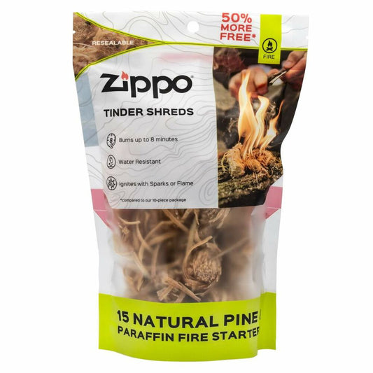 Zippo Tinder Shreds, 15 Natural Pine & Paraffin Fire Starters, Resealable #40566