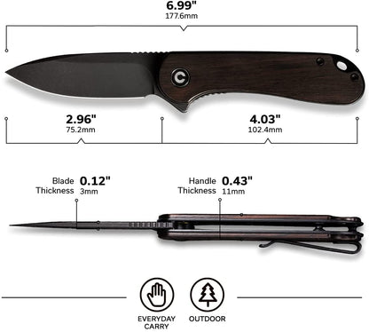 CIVIVI Elementum Knife, Black Blade + Black Ebony Wood Handle #C907W