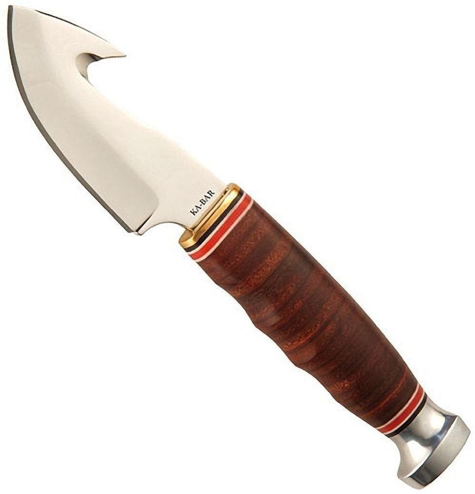 Ka-Bar Game Hook Fixed Blade Knife, Stacked Leather Handle, w/Sheath #1234
