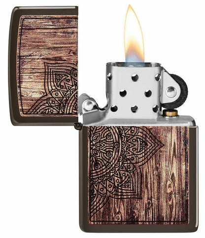 Zippo Wood Mandala Buddhism Hinduism, Brown Windproof Pocket Lighter #49184