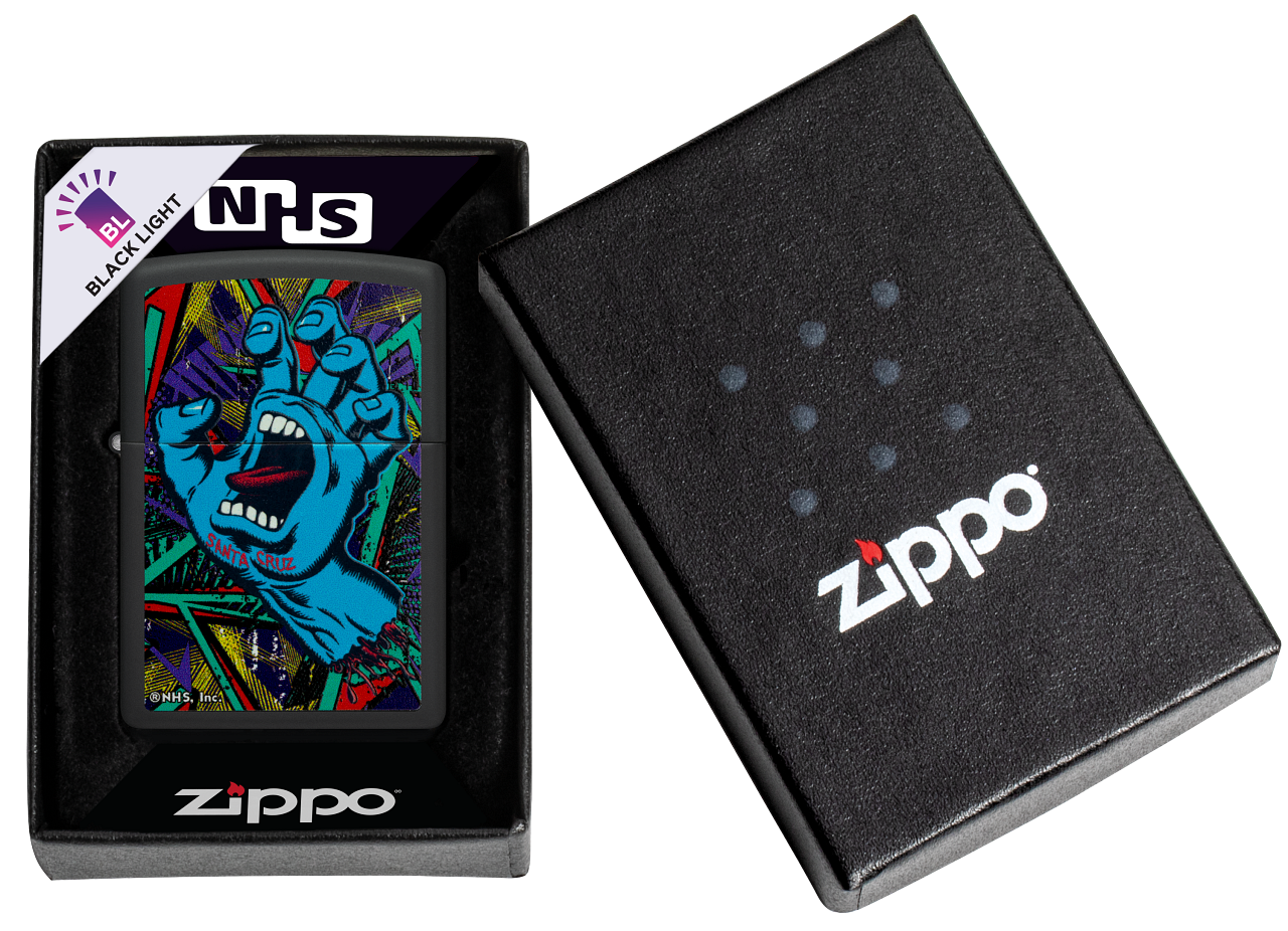 Zippo Black Light Santa Cruz Skateboards Logo, Black Matte Lighter #48415