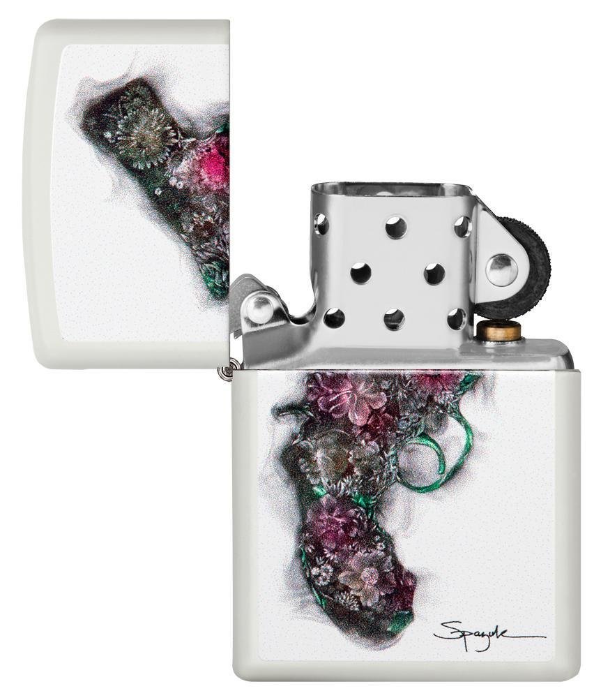Zippo Spazuk Gun with Flowers, White Matte, Genuine Windproof Lighter #29894