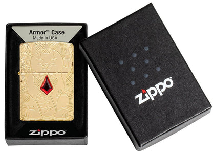 Zippo Lucky Cat, Deep Carve Emblem, High Polish Brass Armor Lighter #49802