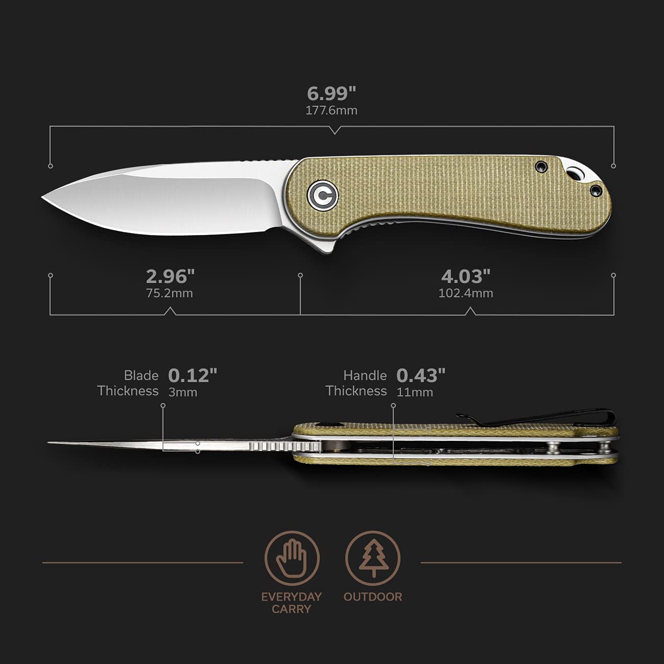 CIVIVI Elementum Knife, Olive Micarta Handle #C907S