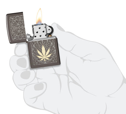 Zippo Cannabis Leaf Design, Black Ice Finish Lighter #48384