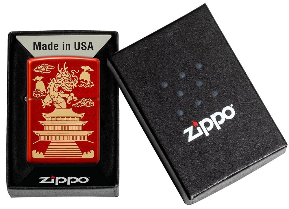 Zippo Japanese Dragon House Laser Engraved, Metallic Red Windproof Lighter #49517