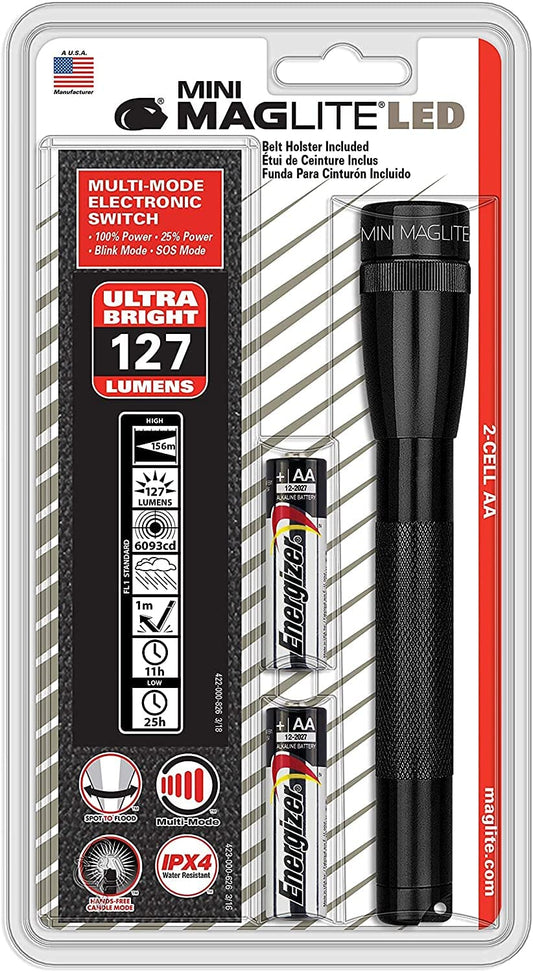 MAGLITE Mini LED Flashlight, Black, 2-Cell AA Batteries + Holster, 127 Lumens #SP2201HL