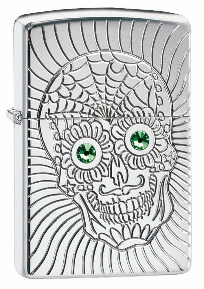 Zippo Armor Sugar Skull Deep Carved Design, High Polish Chrome Lighter #49172